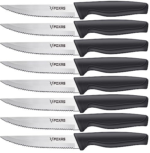 FOXAS Steakmesser 8er Set 12,5cm Edelstahl Rostfrei Gezahnt 8 stück Ultra scharfe Tafelmesser Besteckmesser mit Anti-Rutsch TPR Griff Spülmaschinenfest