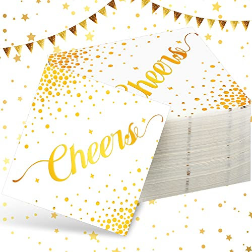 150 Stück Cocktail-Servietten Cheers Gold Servietten Getränke Servietten Einweg Bar Servietten 2-lagig Verlobung Servietten für Hochzeit Empfang Geburtstag Party Abschluss Babyparty, 5 x 5 Zoll (weiß)
