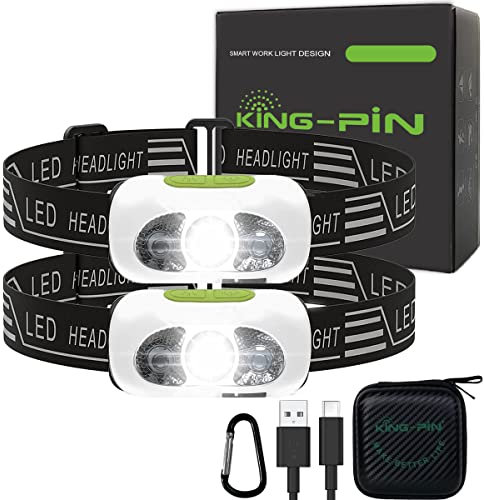 King-Pin Linterna Frontal Recargable USB, Linterna Cabeza LED Correr 500 Lúmenes Linterna Frontal 1200mAh Liger Linterna Cabeza 7 Modos con Sensor para Noche Pesca Camping Senderismo Lectura