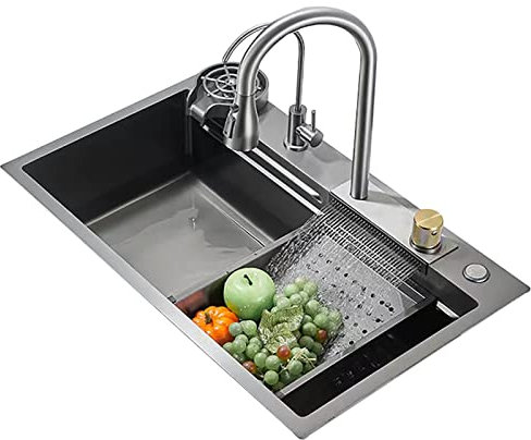 ZARUX Raindance Wasserfall-Küchenspüle, Professionelle Spüle Aus Edelstahl 304, Mit Ausziehbarem Wasserhahn, Heißem & Kaltem Wasser, Leichte Luxusmöbel (Size : 80 * 46 * 22cm/30 * 18 * 9)