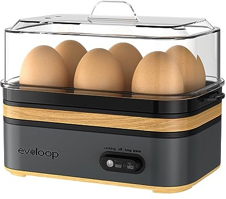 Evoloop - Olla de huevos rápida eléctrica, capacidad de 6 huevos, suave, mediano, hervida, cazador furtivo para huevos con apagado automático, sin BPA