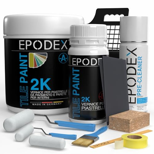 EPODEX 2K Fliesenfarbe Badezimmer, Küche & mehr mit Zubehör, hochwertige Farbe für Wand- und Bodenfliesen, wasserfester Fliesenlack, 1.8kg - 7m² für 2 Anstriche - Terrabraun - Pastell