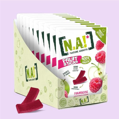 N.A! Nature Addicts - Sachet de Fruit Sticks Framboise 40g - 100% Issu de Fruits - Sans Sucres Ajoutés, Sans Édulcorants ni Conservateurs - Sachet Refermable à Emmener Partout - Lot de 10