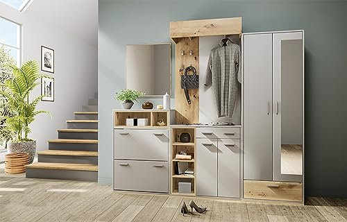 ARREDO DA CASA Mobile Ingresso Componibile dal Design Moderno con Armadio a Colonna Madia Mobiletto con Specchio e Appendiabiti Color Rovere e Grigio II15