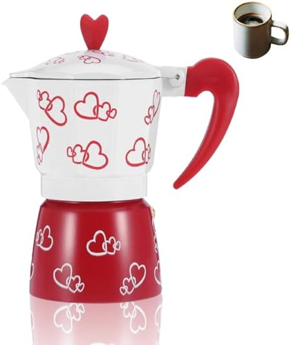 Red Heart Aluminum Moka Pot, Stovetop Coffee Maker with with Ergonomic Non Slip Handle Italian Coffee Pot Cuban Coffee Percolator for Home(L)