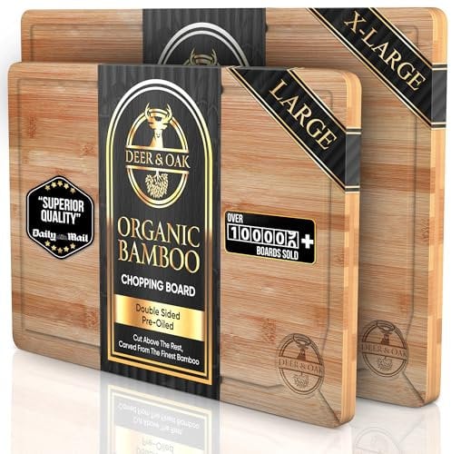 Deer & Oak - Premium Wooden Chopping Board - 1x Large 38 x 25 x 2cm & 1x XL 43 x 30 x 2cm - Bamboo Cutting Board for Carving Meat - Chopping Boards for Kitchens - Pre Oiled, Treated, Attractive Wood