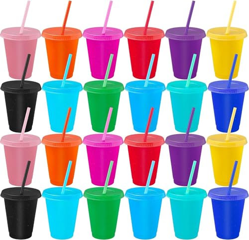 24 Pack Tumbler with Lids, 16oz Reusable Portable Travel Mug, Plastic Tumbler Water Bottle Iced Coffee Cup, Adult Kids Glitter Cups for Party Birthday (Assorted Color)