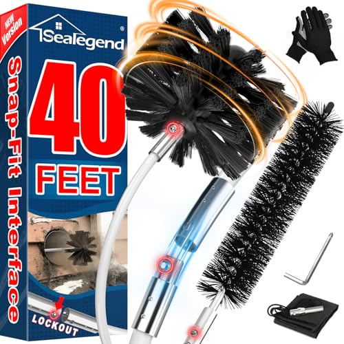 Sealegend 40 FEET Dryer Vent Cleaner Kit Ugrade Lint Brush with Drill Attachment Fireplace Chimney Brushes Quick Snap Extend Up to 40 FEET 2 Brush Head Black