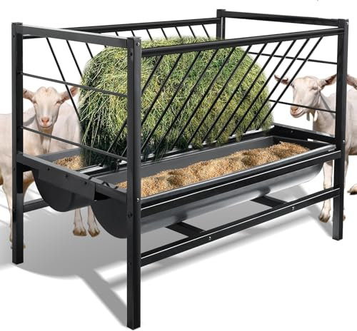 BREUAILY Großes Heuraufe für Ziegen Heavy-Duty 2 in 1 Hay & Grain/Salt Feeder Doppelseitig Ohne Abfall Futtertrog für Pferde Vieh Ziegen
