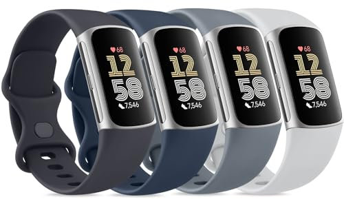 Vancle 4PACK Armbands für Fitbit Charge 6 Armband Fitbit Charge 5 Armband Damen Herren,Silikon Sport Weiches Ersatzarmband Uhrenarmband für Fitbit Charge 5/6(S,Navy blau/Silver/Midnight/Blue)
