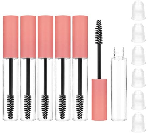 JIEYAO 6 Pcs Empty Mascara Tube and Eyelash Wand, 10ML Castor Oil Dispensers Eyelash Brush, Refillable Plastic Mascara Tubes Eyelash Cream Clear Container Bottle with Rubber Inserts for DIY (Pink)