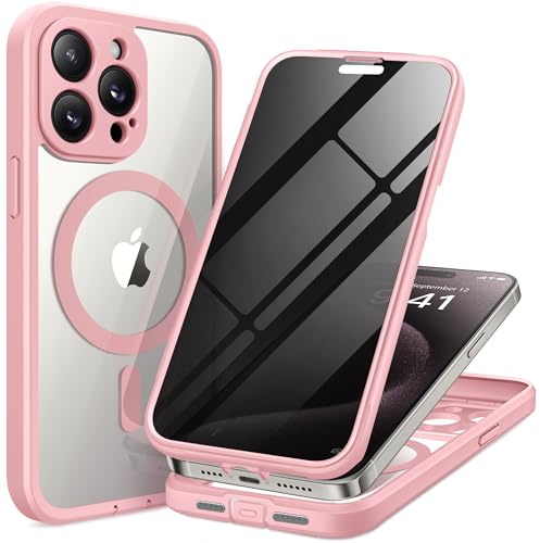 TIESZEN for iPhone 15 Pro Case Magnetic, [Compatible with Magsafe], Built-in 9H Tempered Screen Protector & Privacy Screen Protector & Upgraded Camera Protection, Dustproof Phone Case, Pink