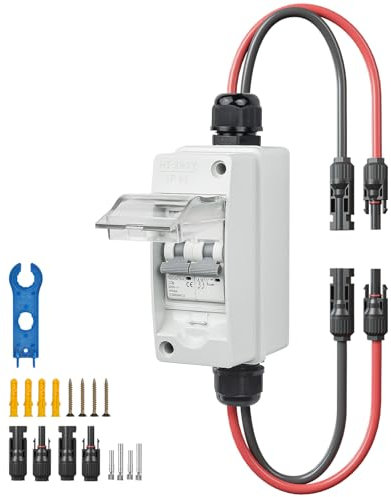 WSPIHO PV Sicherungsautomat 2 Polig für PV Anlage,IP65 Wasserdicht Gehäuse Verteilerkästen,DC Trennschalter Leitungsschutzschalter mit Photovoltaik Kabel (30A DC500V)