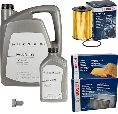 Inspektionspaket Wartungspaket Filterset mit 6 L 0W-30 Motoröl LongLife 3 FE, Ölfilter Luftfilter Innenraumfilter (Aktivkohle) Ölablassschraube