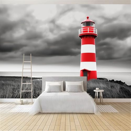 Fototapete Leuchtturm Am Grauen Himmel 350x256 cm Wandtapete, Vliestapete Fotoposter Wandbild, Moderne Wanddeko, für Schlafzimmer Wohnzimmer Kinderzimmer, Panorama 3D Effekt
