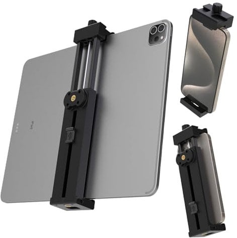 teefeet Tripod Mount Adapter for iPad & Phone - 360° Ball Head Tablet Clamp with 1/4 Screw Holes, Compatible with Most Sizes of Phones and Tablets (Black)