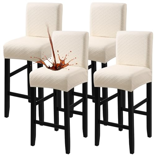 Fuloon Wasserdichter Barhocker Bezüge mit Rückenlehne, 4er Set | Abnehmbar, Waschbar, Stretch Jacquard, Hohe Barhocker Stuhlbezüge, für Esszimmer, Hotels, Abendessen, Beige