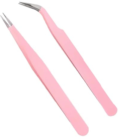 2 Stück Wimpern Pinzette, Rosa, Wimpernpinzette Set aus Edelstahl, Gerade Pinzette und Gebogene Pinzetten, Professionelle Pinzette Wimpern, Wimpernpinzette für Wimpernverlängerungen