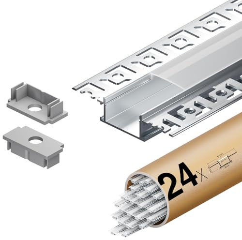 HOOLED Profile Alu pour Ruban LED 2 m x 24 pièces Avec un Couvercle en PC Blanc Laiteux Profilé LED Encastré Dimensions 28 mm (ailettes de 64,2 mm) x 10 mm La Largeur du rail est de 20,2 mm