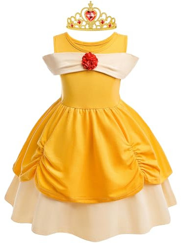 BSBUY Disfraz Princesa Bella Niña, Vestido Bella y Bestia Niña Mangas Cortas con Corona, Disfraz Princesa Niña para Fiesta Cosplay Cumpleaños Navidad, 120cm