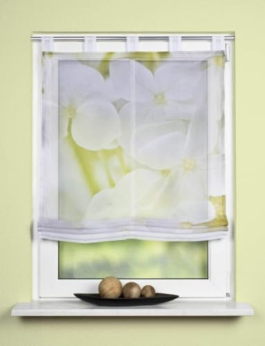 Schlaufenrollo Raffrollo Gardine Raffgardine Vorhang für Fenster in Weiss Grün Blumen halbtransparent 1 Stück BxH: 80 x 140 cm