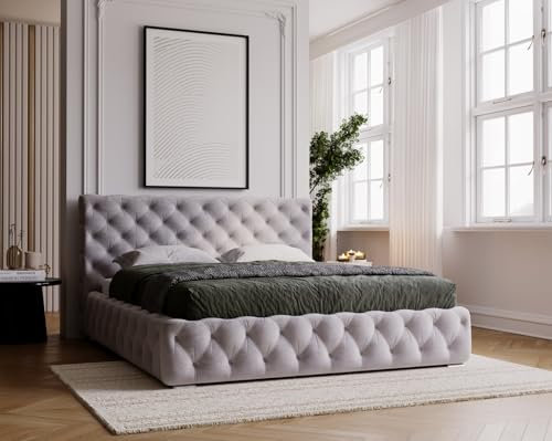 Emporius Glory Polsterbett 140x200 - Chesterfield Bet, Glamour Design - Polsterbett mit Bettkasten, Lattenrost, Samt, Velour Grau (Magic Velvet 2217)