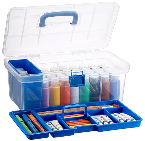 IGNPION Craft Storage Box with Divider Tray, Paint Tool Plastic Caddy Box with Brush Clean Slot, Mulit Purpose Organizer Container for Home Tool, Arts Crafts, Stationery, Sewing, Fishing Tackle, Blue