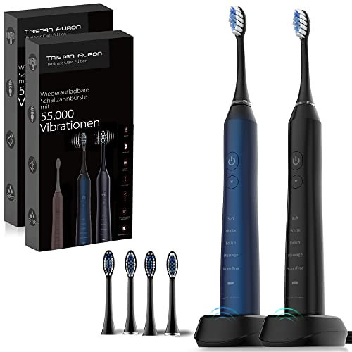 Tristan Auron Doppelpack elektrische Zahnbürste Schallzahnbürste mit 55000 Vibrationen 60 Tage Akku / IPX7 Wasserdicht - 4 Bürstenköpfe (blau/schwarz)