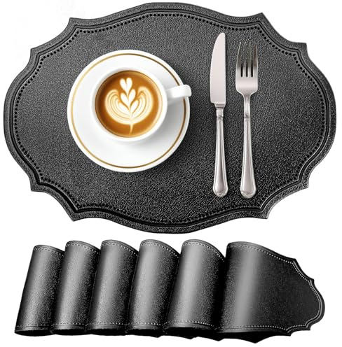 fanquare Schwarz Oval Kunstleder Platzsets Set von 6 Retro Wasserdicht Hitzebeständig rutschfest Platzsets für Drinnen Draußen Esszimmer Küche 43x29,5CM