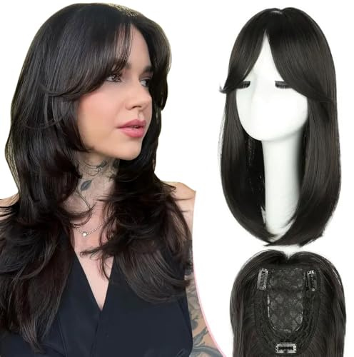 XFSRG Haarteile Echthaar Clip in Extensions Natürlicher Look Hair Topper für Alltag und Besondere Anlässe Langes Glattes Haar(4# Schwarz-Braun)