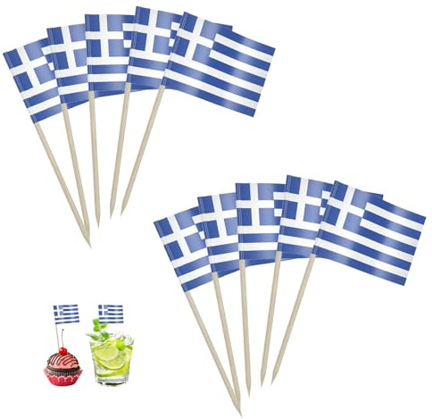 100 Stück Griechenland Flagge Zahnstocher,Griechische Deko,Griechenland Deko,Greece Zahnstocher Flaggen,Cupcake Topper Zahnstocher mit Fähnchen,Cocktail Stick für Party Pub Buffet Obst Cake Dekoration