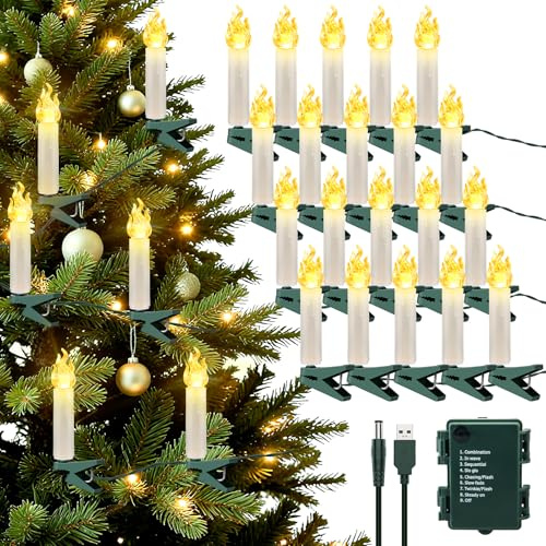 cshare Christmas Tree Candles Lights, 7M 20LED Clip on Flameless Candle Lights USB/Battery Operated with Timer 8 Lighting Modes Waterproof for Window Fireplaces Christmas Tree Decorations, Warm White