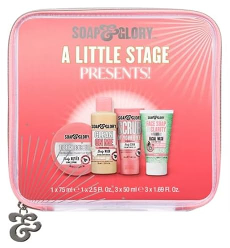 Soap & Glory Travel-Size Gift Set, 4 Piece Collection with Body Butter, Face Wash, Body Wash, Body Polish and Transparent Washbag
