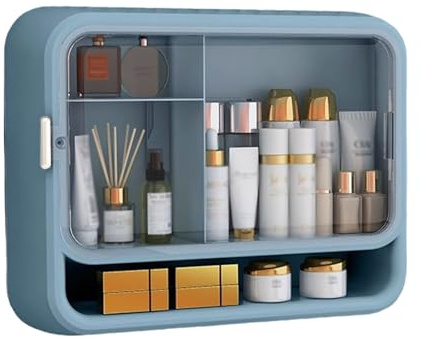Schmaler Hängeschrank für Bad & Küche, Hängeaufbewahrung mit transparenten Türen, Kunststoffmaterial, Magnetverschluss, ideal für Badezimmer, Wohnzimmer, Schlafzimmer (Blau 37,5 x 11)