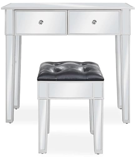 Coiffeuse miroir avec tabouret - Élégante commode cosmétique en MDF et verre pour chambre à coucher - Table de dressage élégante avec miroir et tabouret - Parfaite pour le maquillage et les bijoux