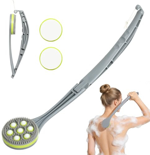 Eincremehilfe Rücken mit 2 EVA-Köpfen & Massagekugel Bürste – Badebürste für Hautpflege, gleichmäßiges Auftragen von Lotion beim Duschen