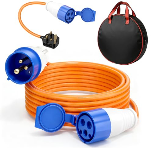 Emwel 10m Caravan Hook Up Cable 240V 16A Camping Extension Lead with 3 Pin Fly Lead Converter and Carrying Bag, Power Cord Electric Extension Cable for Motorhomes Campervans