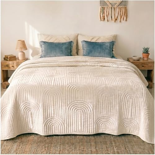 CalmyHOME Tagesdecke 240x260 Bettüberwurf Tagesdecken - Boho Style Samt Decke Bett Überwurf Bedspread Sofaüberwurf Sofa Steppdecke Überwurfdecke Überdecke, Creme