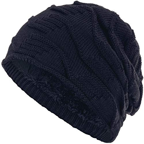 Compagno Mütze warm gefütterte Wintermütze Elegantes Strickmuster Beanie Einheitsgröße, Farbe:Marineblau