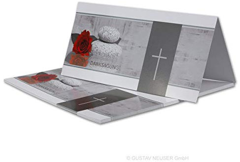 15x Danksagungskarten Trauer DIN LANG - Doppelkarten aufklappbar - Trauerkarten mit Motiv Rose Stein Trauerkreuz mit DANKSAGUNGS Schriftzug - würdevolle Dankeskarte