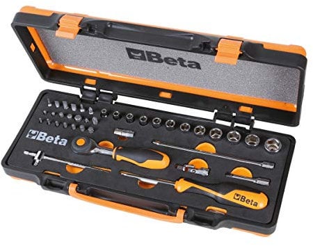 Beta 900/C12MR - Surtido de 12 llaves de vaso hexagonales, 20 puntas para destornilladores y 7 accesorios en termoformados suaves en caja de metal