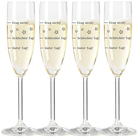 Leonardo Sektglas, 4er Set, Guter Tag!, Schlechter Tag!, Frag Nicht!, Stimmungsglas mit lustiger Gravur, Mood Sekt Glas, 210 ml