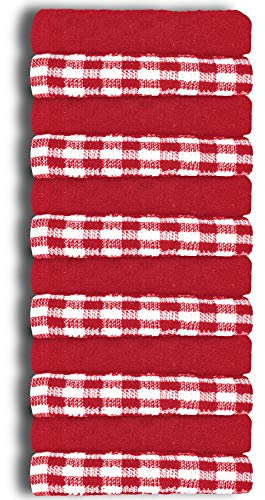 A & B TRADERS 100% Cotton Terry Tea Towels Packs (Sets of 2, 3, 6, 12 or 15) Egyptian Mono Check Superdry Soft Professional Hotel Quality Kitchen Dish Cloth (Red, 12)