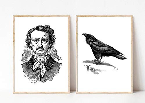 Kunstdruck Din A4 ungerahmt 2-teilig Edgar Allan Poe Portrait Autor Schriftsteller Rabe Nevermore Horror Gothic Poster Bild