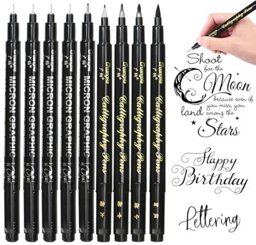O-Kinee Kalligraphie Stifte - 9 Stück Kalligraphie Kugelschreiber Schwarze Fasermaler Pinsel Stift - für Schriftzug, Anfänger Tagebuch, Unterschrift, Beschriftung, Design und Zeichnung (4 Größen)
