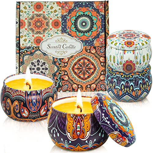 Confezione regalo aromaterapia candela profumata: 4 pezzi Lavanda, Rosa, Vaniglia, Gelsomino100% cera di soia per alleviare lo stress aromaterapia casa bagno spa regali per le donne