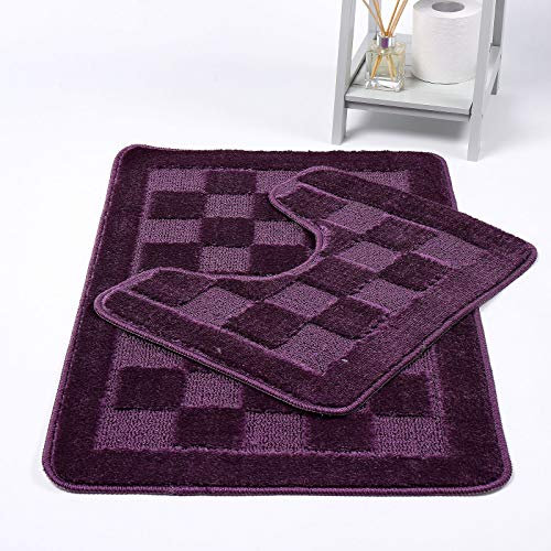 HOMES-LINEN Squares 2 Piece Bath Mat & Pedestal Set Non Slip Extra Absorbent Square Bathroom Toilet Rug Bath Mats Set (Plum)