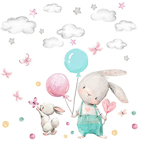 Little Deco Wandtattoo Wandsticker Kinderzimmer Mädchen Tiere Ballon Wandaufkleber Hase Wolken Wanddeko Spielzimmer Babyzimmer Wandbild Kinder DL675