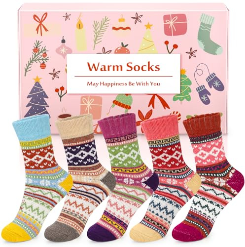 Airabc 5 Paar Thermosocken Damen, Wollsocken, Warme Wintersocken Damen, Dicke Stricksocken, Winter Damen Socken Bunte Gemütlich und Atmungsaktiv/EU-Größe 35-42