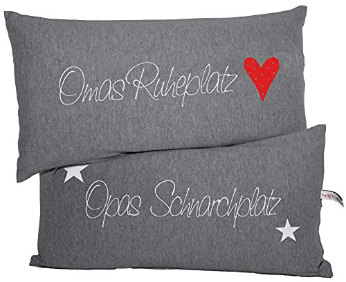 Mädchen sucht Kleid Oma und Opa Kissen als Doppelpack, Omas Ruheplatz und Opas Schnarchplatz, Geschenk, mit Reißverschluss und Füllung, 2 Kissen inklusive Inlay. (grau)
